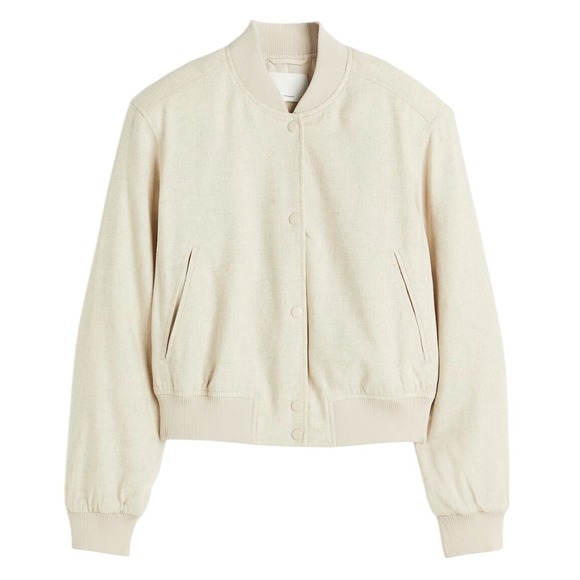 H&M Jackets & Blazers - H&M Linen‎ Blend Bomber Jacket, Snap Front Light Beige Lightweight Women's Large